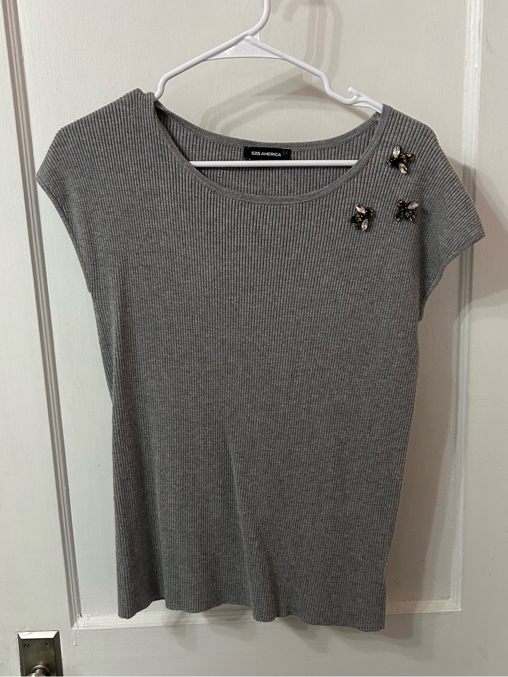 525 America Gray Ribbed Short Sleeve Top with Shoulder Embellishments